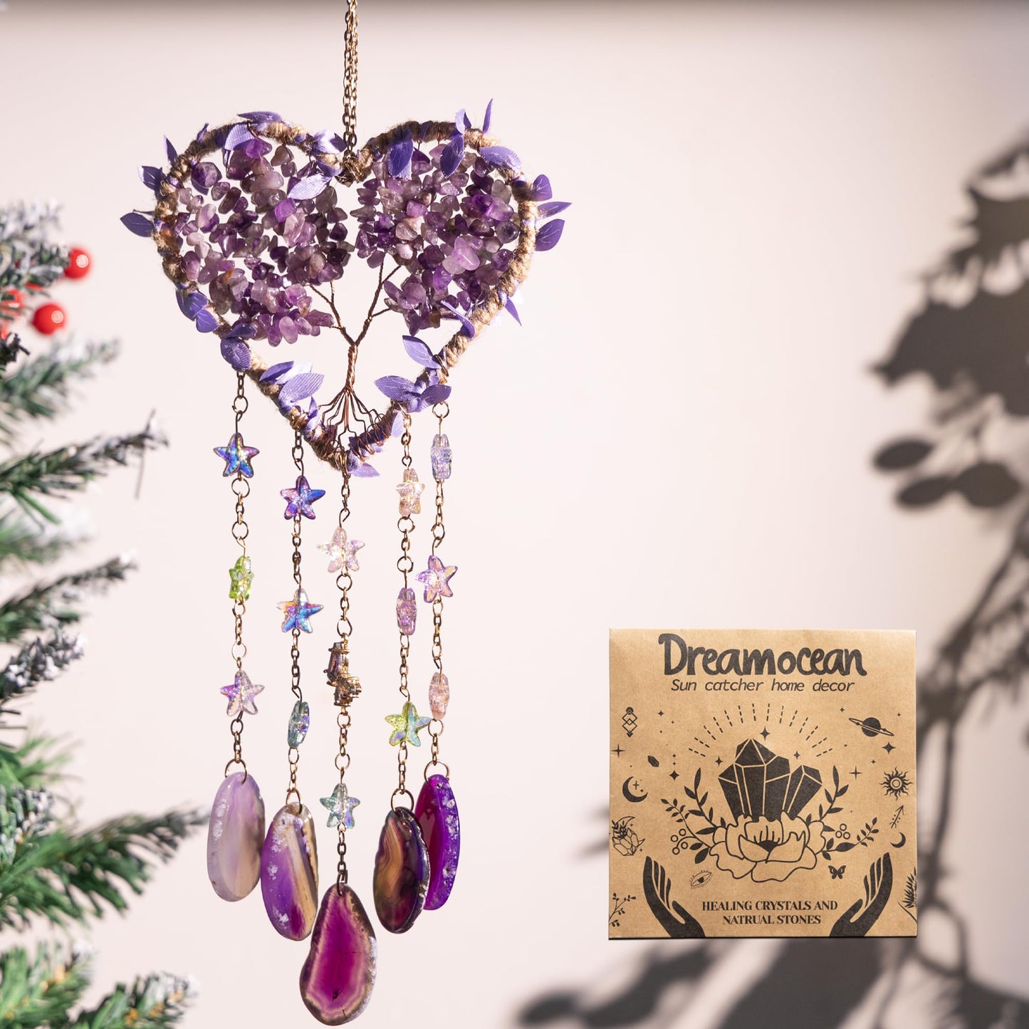 Heart Crystal Suncatcher, Dreamocean Amethyst Sun Catcher for Windows Haning Decor Crystal Tree of Life Dream Catchers Wall Hangings Outdoor Garden Decor for Adults Girls