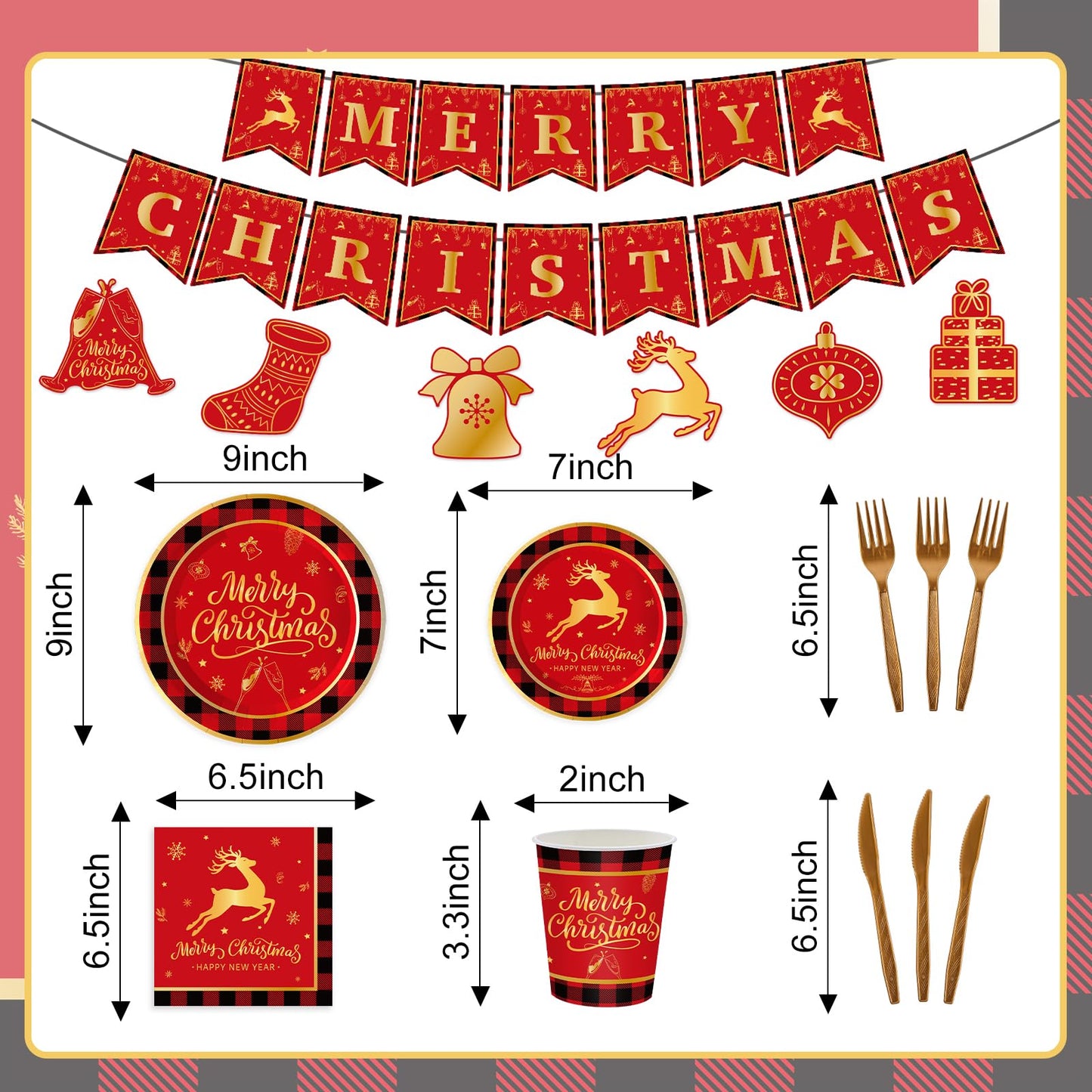 123PCS Christmas Party Supplies for 20 Guests Merry Christmas Themed Paper Plates Napkins Tablecloth and Banner Dessert Xmas Deer Party Decorations New Year Festival
