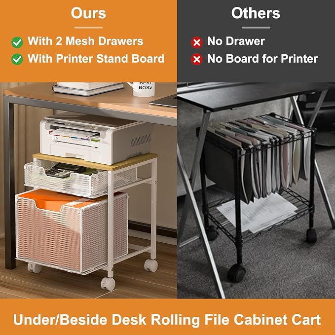 Tiaoheka Rolling File Cabinet Cart, Printer Stand with Storage Drawer, Mobile Filing Cabinet on Lockable Wheel, Hanging File Folder Organizer Beside Under Desk for Office Home, White (Patent Pending)