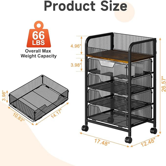 5-Tier Rolling Kitchen Cart with Drawers - Kitchen Storage Cart on Wheels,Pantry Snack Cart,Fruit and Vegetable Storage Cart with Wood Top,Rolling Utility Cart for Potato and Onion Storage