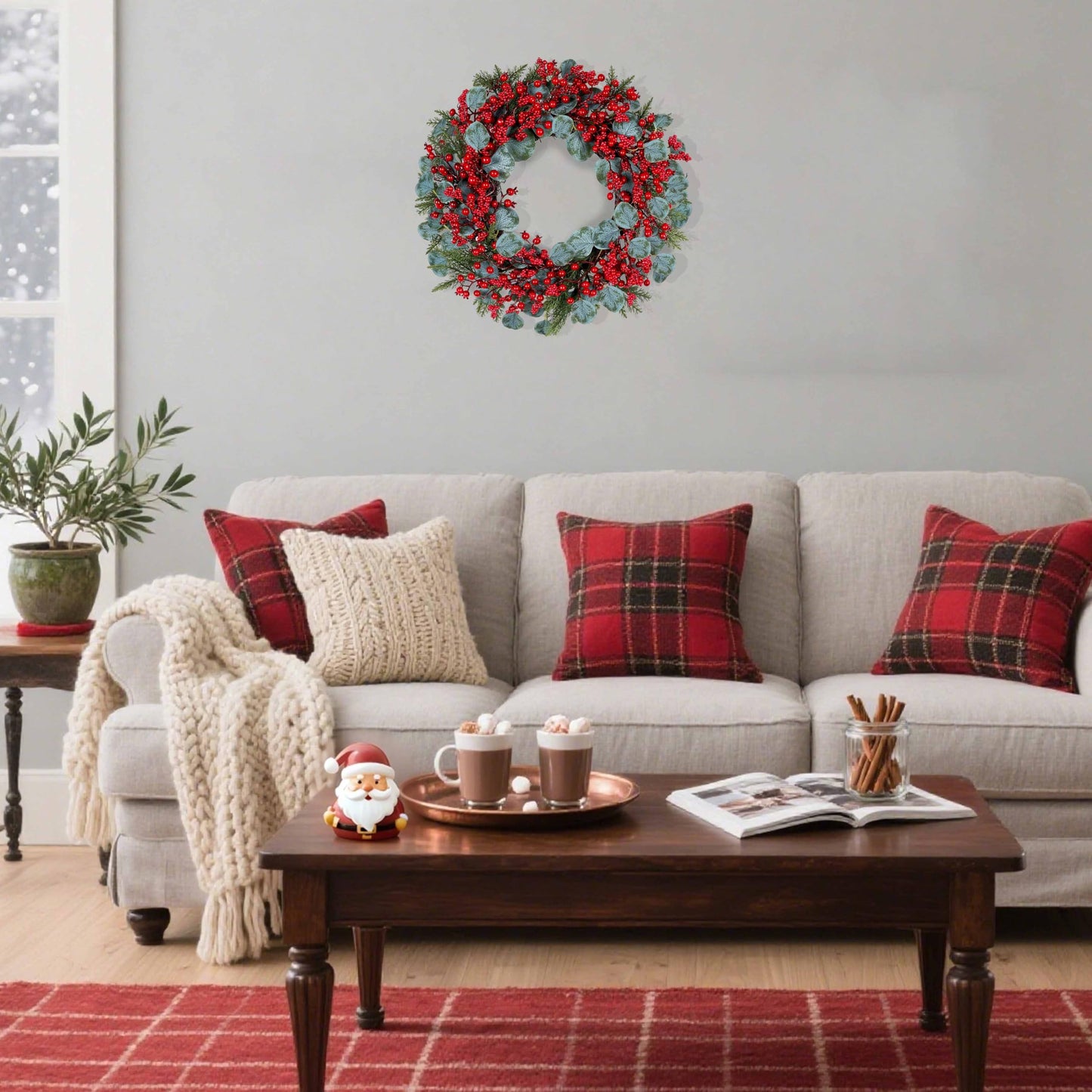 WSTPUPU Artificial Christmas Wreath 22inch Christmas Wreaths for Front Door Xmas Red Berry Wreath with Eucalyptus Leaves Pine Needles Red Berries for Wall Farmhouse Window Winter Holidays