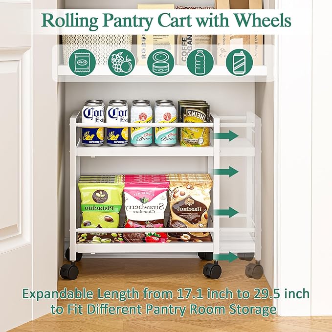 2 Pack 2-Tier Expandable Rolling Pantry Cart with Wheels, Adjustable Floor Organizer for Kitchen Pantry, Can Organizer for Pantry, Storage Cart for Snack, Food, Vegetables, White, Patent Pending