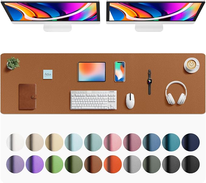Aothia Faux Leather Desk Mat - Large Mouse Pad, Non-Slip PU Leather Blotter, Waterproof Writing Surface for Office and Home (Brown, 63" x 17")