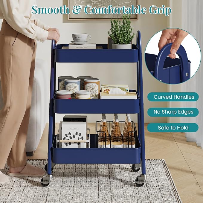 OLIXIS Metal 3 Tiers Utility Rolling Cart, Mobile Storage Shelf with Lockable Caster Wheels, Organization for Livingroom, Bathroom & Narrow Places, Blue