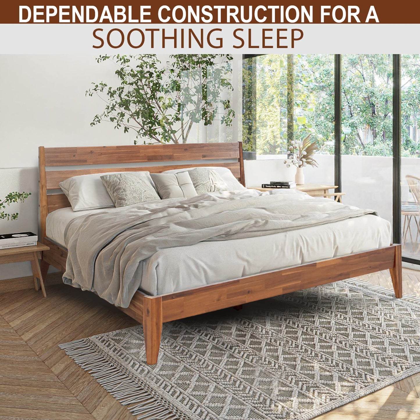 Acacia Emery Bed Frame with Headboard Solid Wood Platform Bed, King Size Bed Frame, Mid - Century Modern Wood Bed Compatible with All Mattresses, Easy Assembly, Non-Slip, Walnut