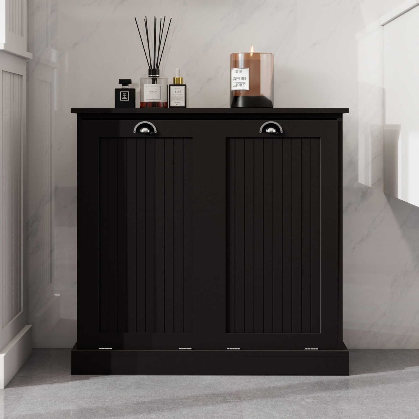 agnixnaf Laundry Sorter Cabinet, Two-Compartment Tilt-Out, Black Storage Cabinet, for Small Bothroom
