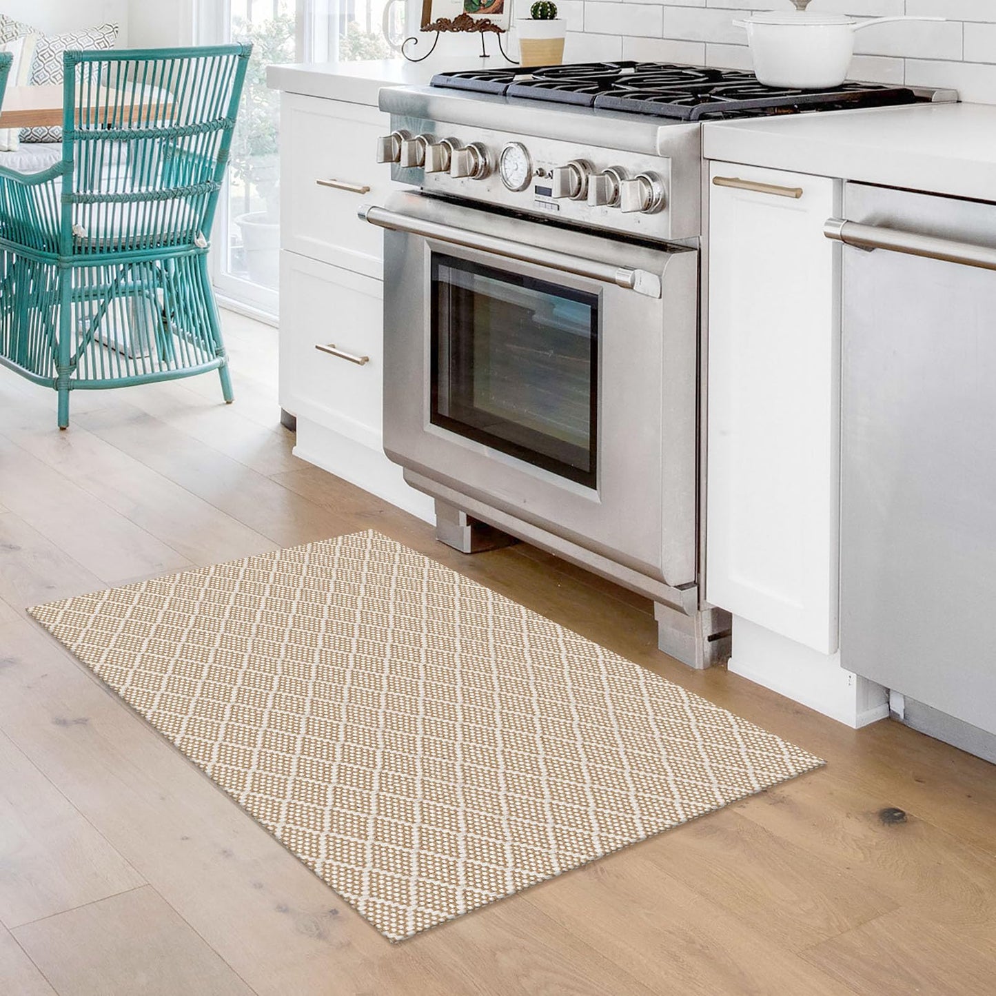 KOZYFLY Small Area Rug 2x3 Ft Washable Entryway Rug Non Slip Rubber Backed Throw Rugs Indoor Door Mat, Braided Cotton Floor Carpet for Front Entrance Front Door Sink Foyer, Tan/Beige