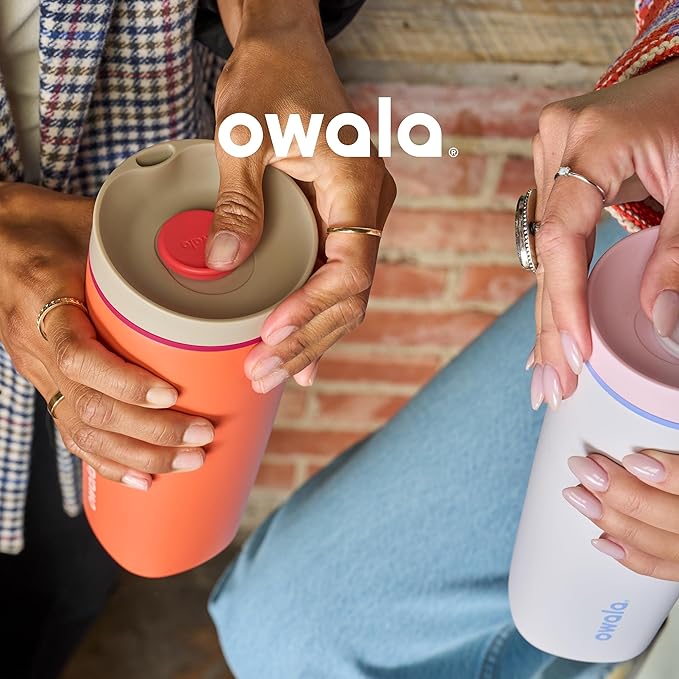 Owala SmoothSip Slider Insulated Stainless Steel Coffee Tumbler, Reusable Iced Coffee Cup, Hot Coffee Travel Mug, BPA Free 12 oz, Grey/Brown (Cozy Cocoa) (Pack of 8)