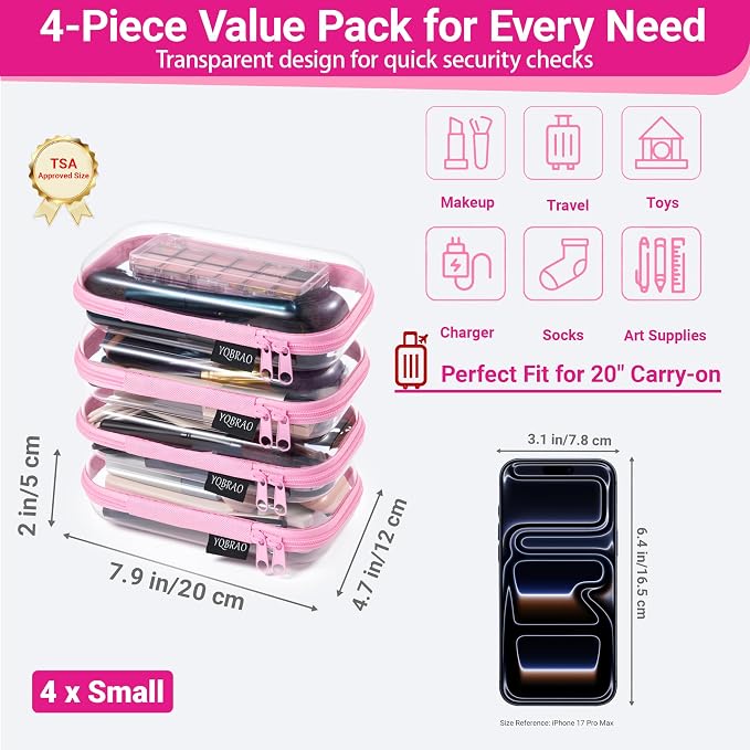 YQBRAO 4-Pack Clear Hard Shell Zipper Case, 1.2mm Ultra-Thick Diaper Bag Organizer Pouches, Rigid Self-Standing Travel Makeup Bags with YKK Zippers, TSA Approved, Pink