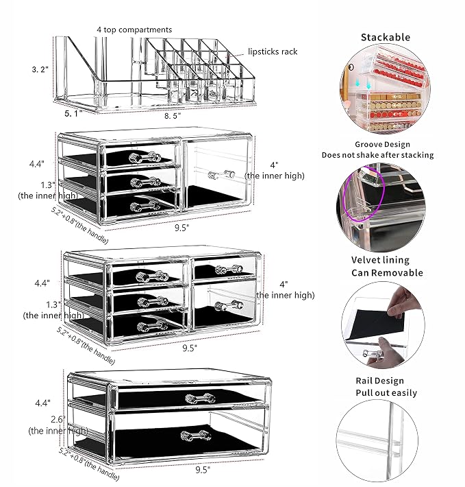 Cq acrylic Makeup Organizer Skin Care Large Clear Cosmetic Display Cases Stackable Storage Box With 11 Drawers For Vanity,Set of 4