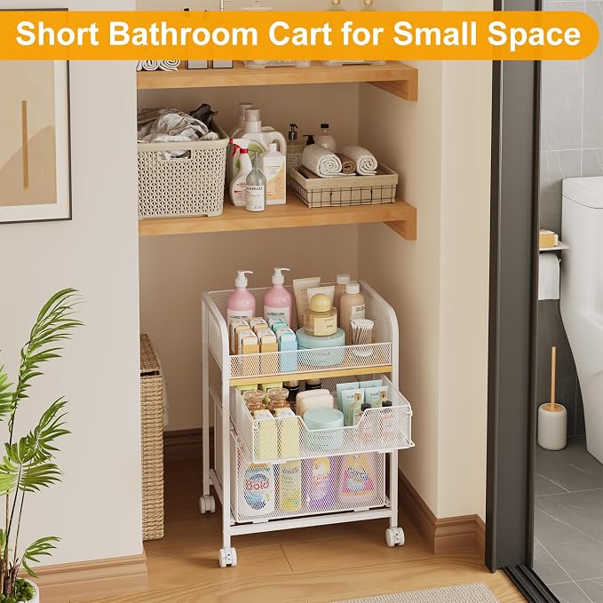 Yociyoga 3 Tier Rolling Cart with Drawers,Pantry Storage Cart with Wheels,Under Desk Storage Cart for Small Space,Pantry Floor Organizers and Storage,Metal Load-Bearing Utility Craft Cart,White