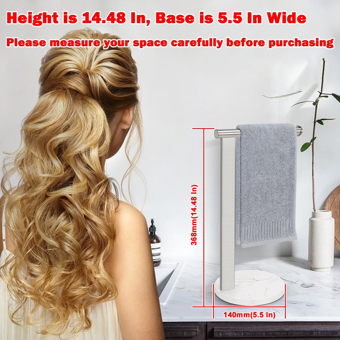 Siyzda Hand Towel Holder Stand for Bathroom, L- Shaped Standing Hand Towel Rack, Towel Bar Kitchen Vanity Countertop Organizer, SUS304 Stainless Steel Material (Marble Base, Brushed Nickel)