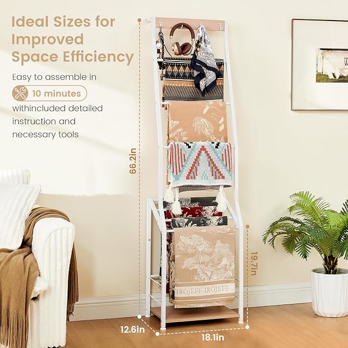 Pinzoveco Blanket Ladder, 7 Tier Blanket Ladders for The Living Room,Wooden Ladder Shelf with Hooks, 5.5ft Blanket Holder Rack Farmhouse Ladder Rack for Storage and Home Decor (White)