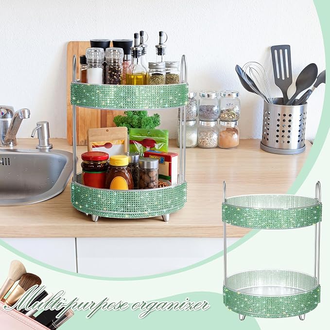 Honeydak 360 Rotating Perfume Organizer Gift for Women, Rhinestone Preppy Skincare Organizer Bathroom Counter Makeup Holder Skincare and Perfume Storage for Cosmetic(2 Tiers,Resin Diamond,Green)