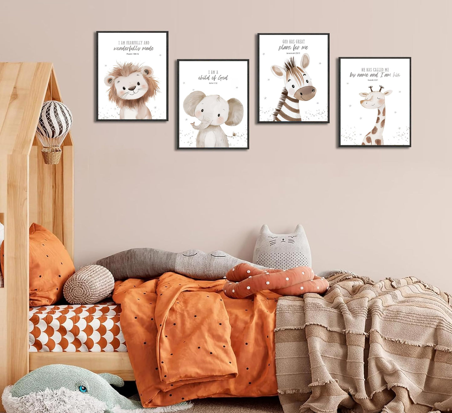4Pcs Nursery Bible Verse Animal Canvas Wall Art Funny Cute Safari Animals Christian Painting Picture Wall Decor Lions Elephant Giraffe Zebra Poster Print Artwork for Boys and Girls Home Decoration