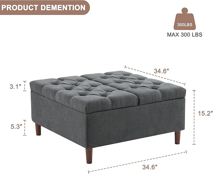 Weture 35 Inch Extra Large Storage Ottoman Coffee Table, No Assembly Required, Oversized Square Ottoman with Storage, Tufted Upholstered Ottomans Coffee Table for Living Room (Fabric, Dark Grey)