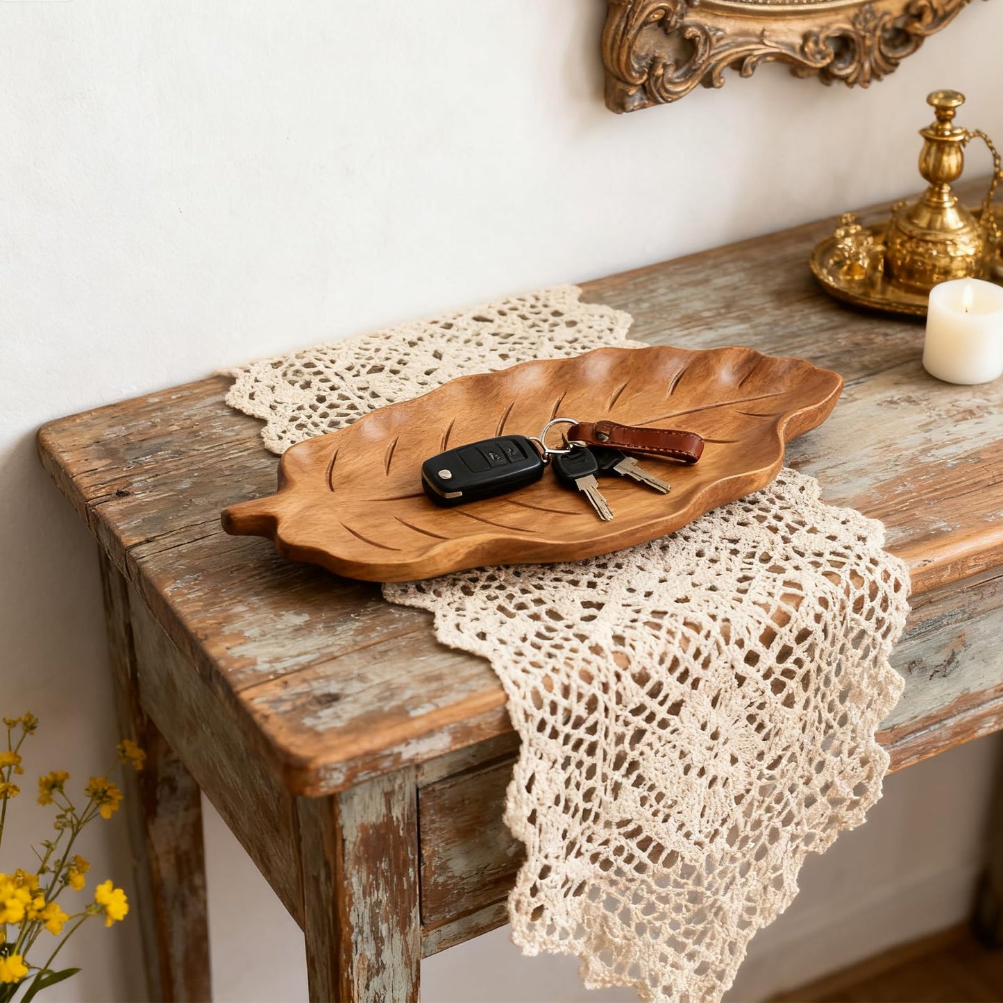 Cut-Nic Wood Leaf Design Key Tray for Entryway Table, Aesthetic Desk Organizer for Home, Key Bowl, Jewelry Tray, Serving Tray Platter Breakfast Table Kitchen Decor