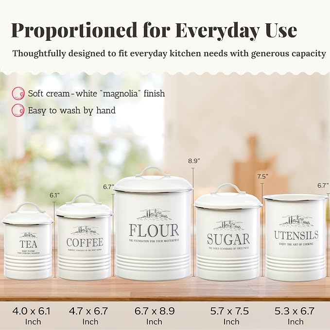 noonberry Kitchen Canisters for Countertop - 5-Piece Airtight Flour Sugar Coffee Tea Kitchen Canister Set with Utensil Holder - Sugar and Flour Containers for Kitchen Counter, Cream-White Finish