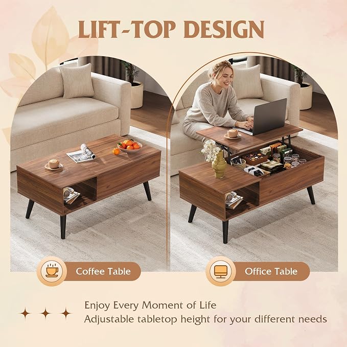 WLIVE Coffee Table for Living Room, Lift Top Coffee Table with Storage, Small Rising Wooden Dining Center Table with Storage Shelf & Hidden Compartment, 39" Brown