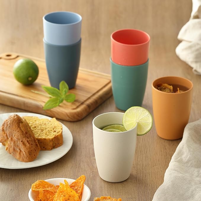 6PCS Wheat Straw Cups, OHOLA Unbreakable Reusable Plastic Drinking Glasses Cups Tumblers (12OZ, 6 Colors)