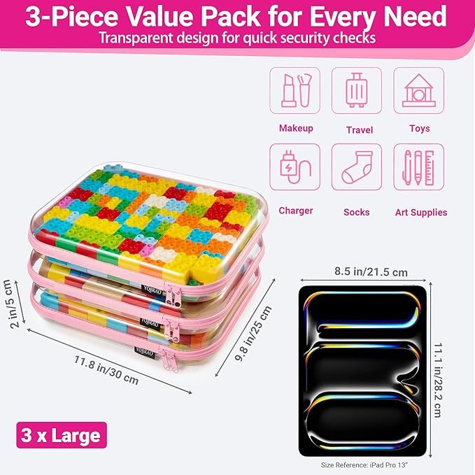 YQBRAO 3-Pack Large Clear Hard Shell Zipper Case, 1.2mm Ultra-Thick Rigid Toy & Closet Organizer, Heavy-Duty Diaper Bag Pouch Set with YKK Zippers, Waterproof Travel Storage (Pink)