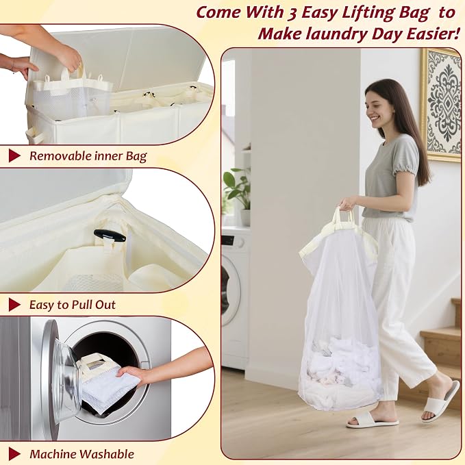 150L Laundry Hamper 2 Section, Large Laundry Hamper with Lid, Dirty Clothes Hamper with 2 Removable Inner Bags, Collapsible Laundry Basket Organizer for for Clothes Toys Towels, Hamper 2 Compartment