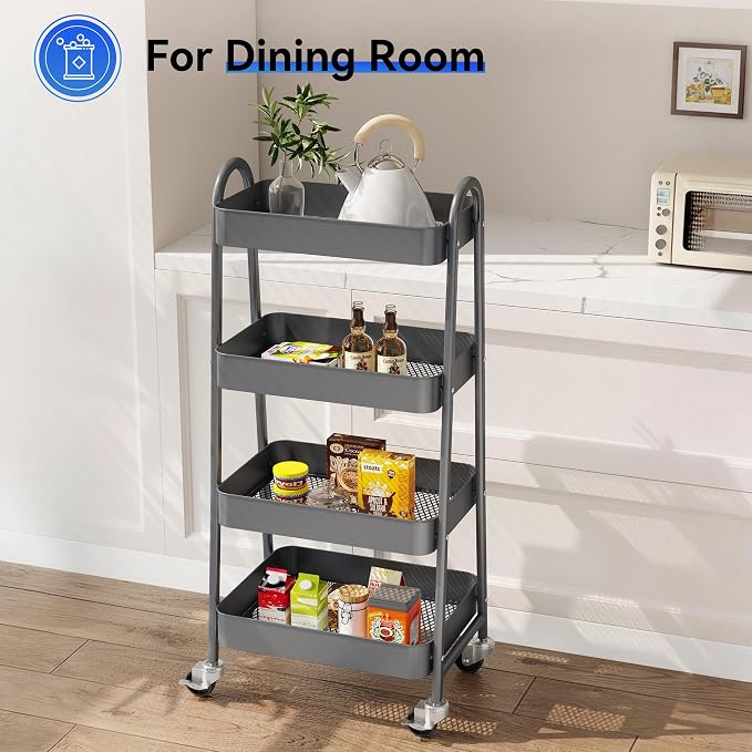 OLIXIS Metal 4 Tiers Utility Rolling Cart, Mobile Storage Shelf with Lockable Caster Wheels, Organization for Livingroom, Bathroom & Narrow Places, 4-Tier Gray