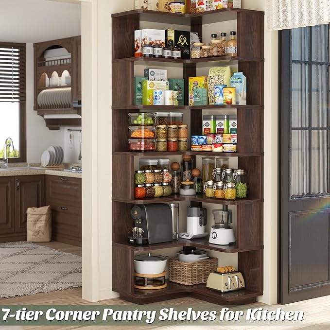 Armocity Corner Book Shelf - 7 Tier Corner Bookshelf Etagere Bookcase with Baffle, Freestanding L Shaped Display Shelf Stand for Home Office, Living Room, Bedroom, Kitchen, Black Walnut