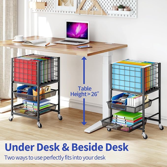 TOOLF Rolling File Cart, 3-Tier Metal File Cabinet with Wheel, Filing Cabinet with 2 Sliding File Trays, Adjustable Hanging File Folder Organizer for Office, Home, Classroom Black