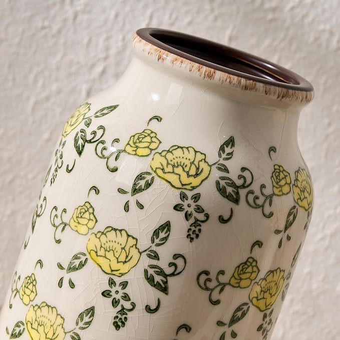 SIDUCAL Ceramic Vintage Pastoral Vase, 8.78 Inch Chinoiserie Floral Vase, Retro Ice Cracked Rustic Farmhouse Vases for Home Decor, Living Room, Bookshelf, Office, Tuscan Decor, Yellow Rose Pattern