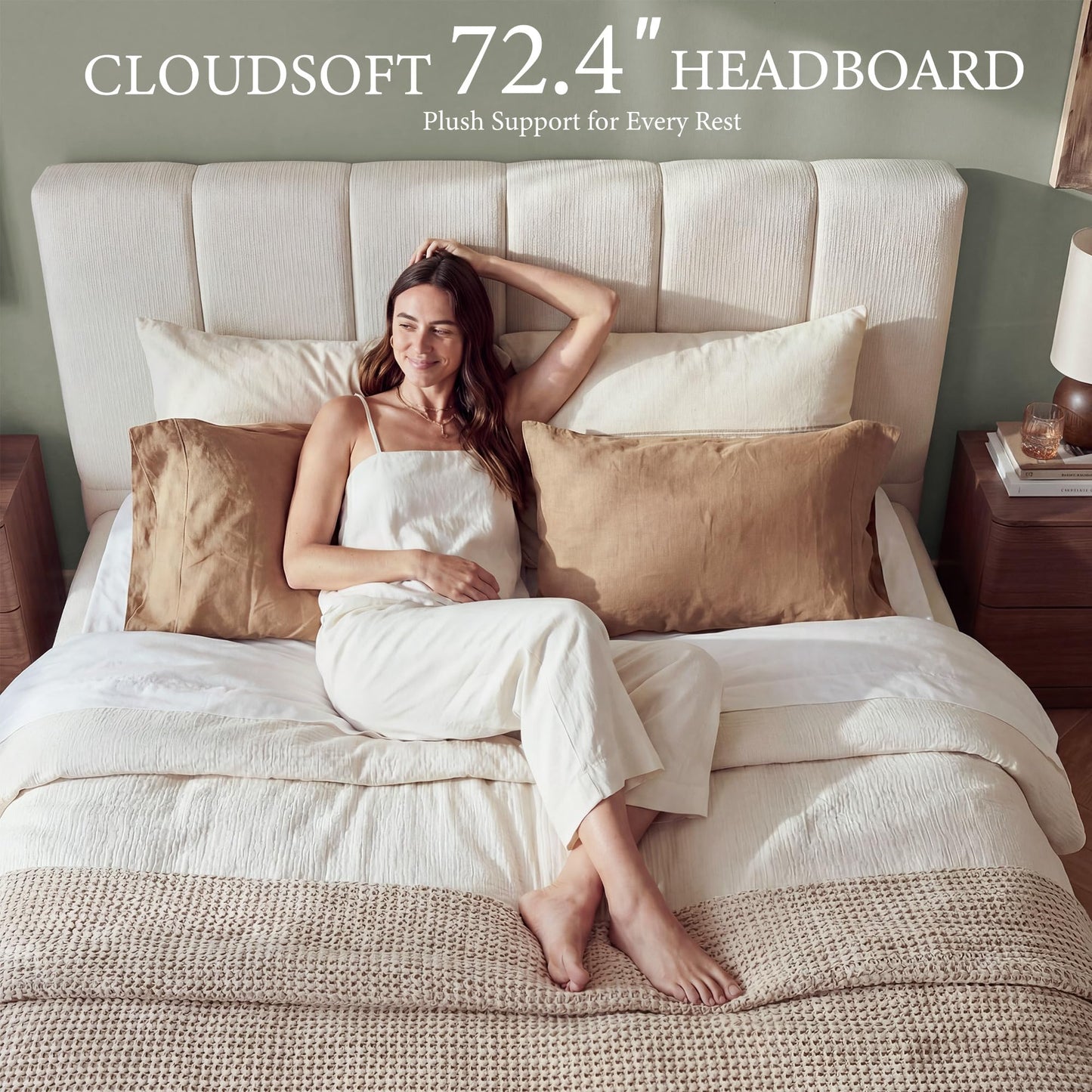 Yechen Queen Cloud Bed Frame with Headboard Removable, 5.9'' Boucle Upholstered Bed Rounded Corner Design, Soft Modern Low Platform Floor-Standing Support, Easy Assembly, No Box Spring Needed, Cream