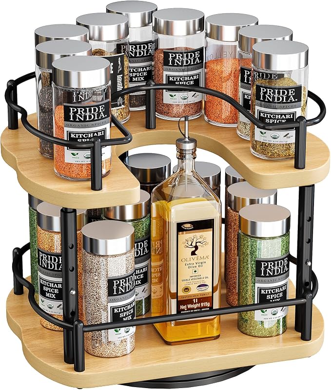Lazy Susan Organizer Spice Rack - Spice Organization for Cabinet Height Adjustable Rotating Lazy Turntable, Pantry Kitchen Wood Revolving Seasoning Organizer (Natural, 9 Inch)
