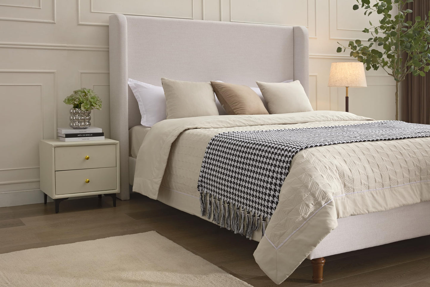 GDFStudio Tall Headboard Upholstered Bed,Queen Size Platform Bed Frame with Chenille Wingback Headboard, Without Wooden Slats,Box Spring Required,Easy Assembly,Elegant Simplicity 54" High Ivory