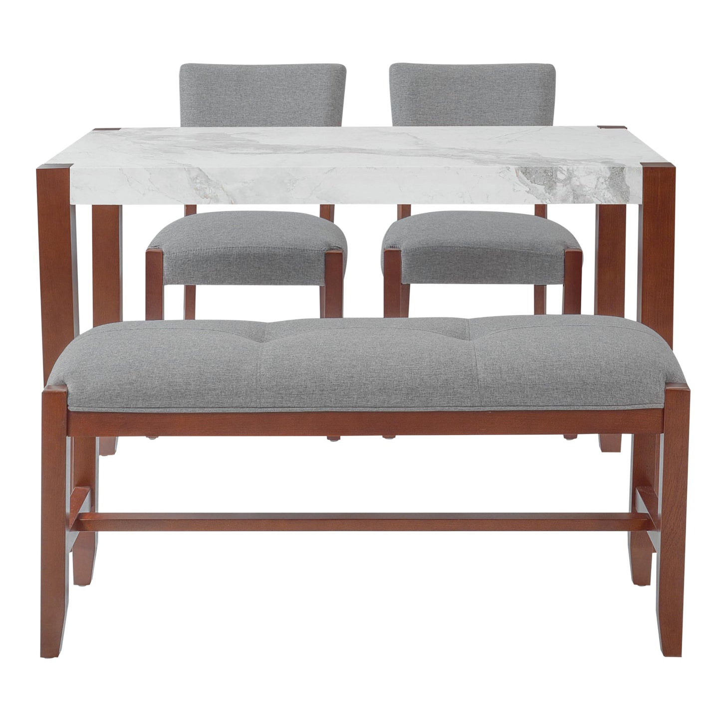 GDFStudio 4 Piece Faux Marble Dining Set with Bench, 46.6" Kitchen Table with 2 Upholstered Chairs, Rubber Wood Legs, Modern Space Saving Furniture for Dining Room, Gray