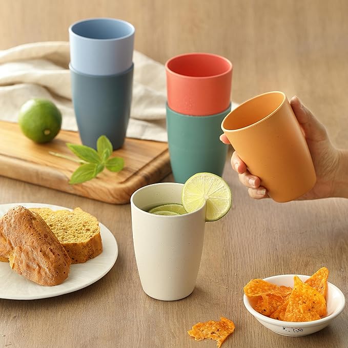 6PCS Wheat Straw Cups, OHOLA Unbreakable Reusable Plastic Drinking Glasses Cups Tumblers (12OZ, 6 Colors)