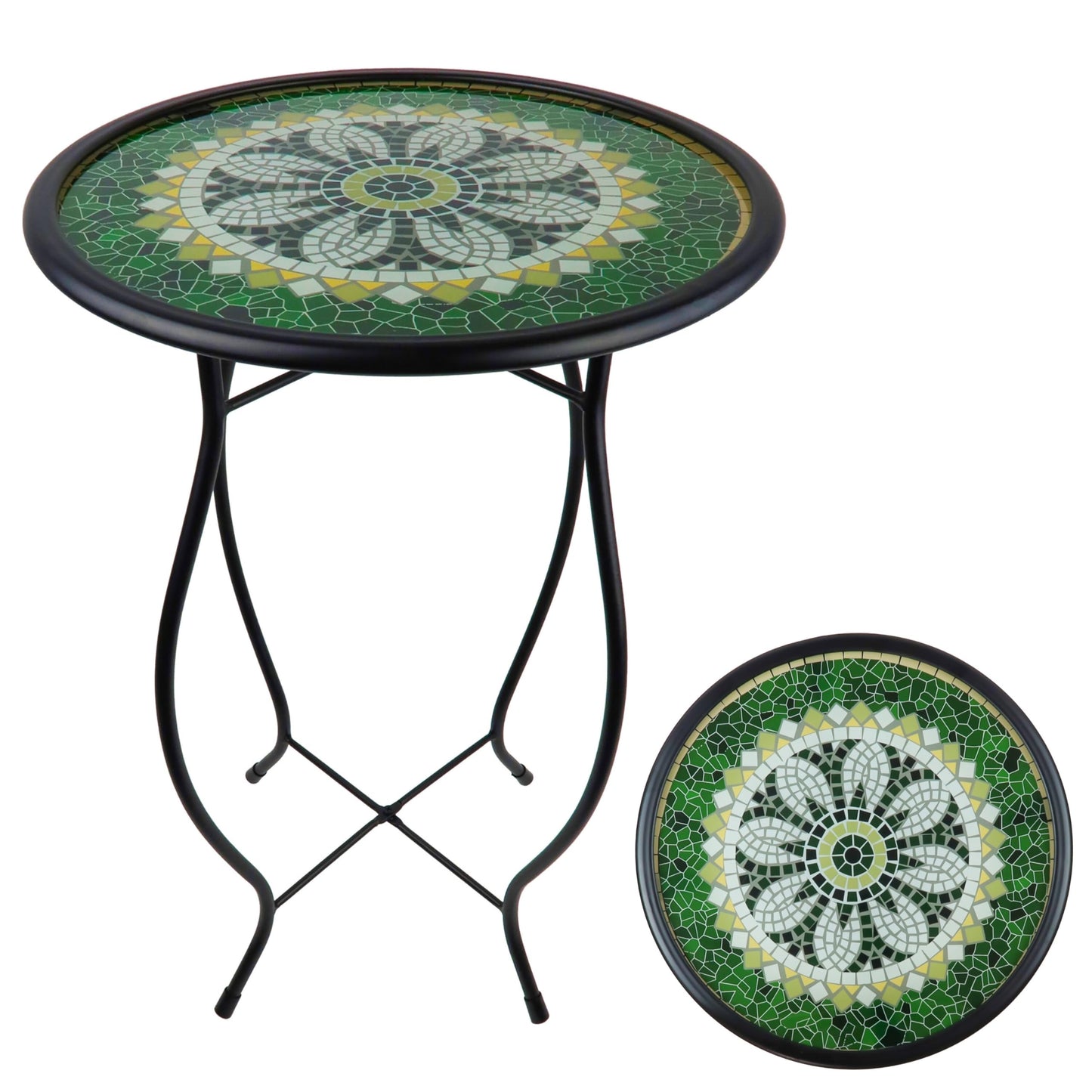 MooneLit Creations Green Mosaic Glass Accent Side Table & Plant Stand – Great Gift, Perfect for Indoor/Outdoor Use, Decorative Metal Pedestal for Patio, Garden & Home Décor