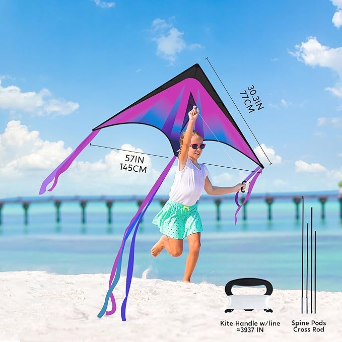 JOYIN Large Delta Kite Red, Green and Purple, Easy to Fly Huge for Kids and Adults with 262.5ft String, Large Delta Beach Kite for Outdoor Games and Activities