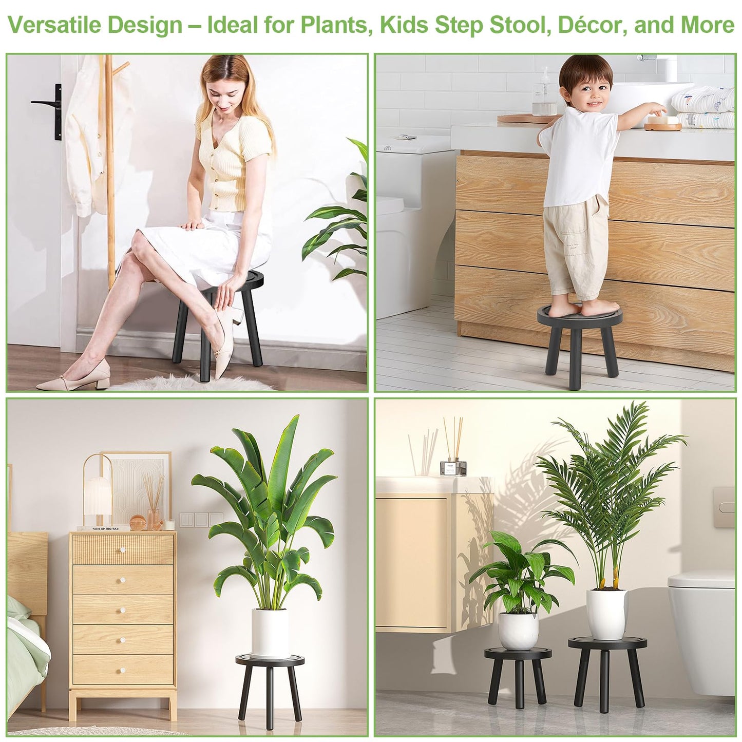 Vecxoty 3-Pack Wood Plant Stands Indoor, Single Plant Stand for 6-12 Inch Pots, Mid-Century Modern Plant Stool, Tall Plant Stand for Large Plants for Living Room, Balcony, Office (Black)