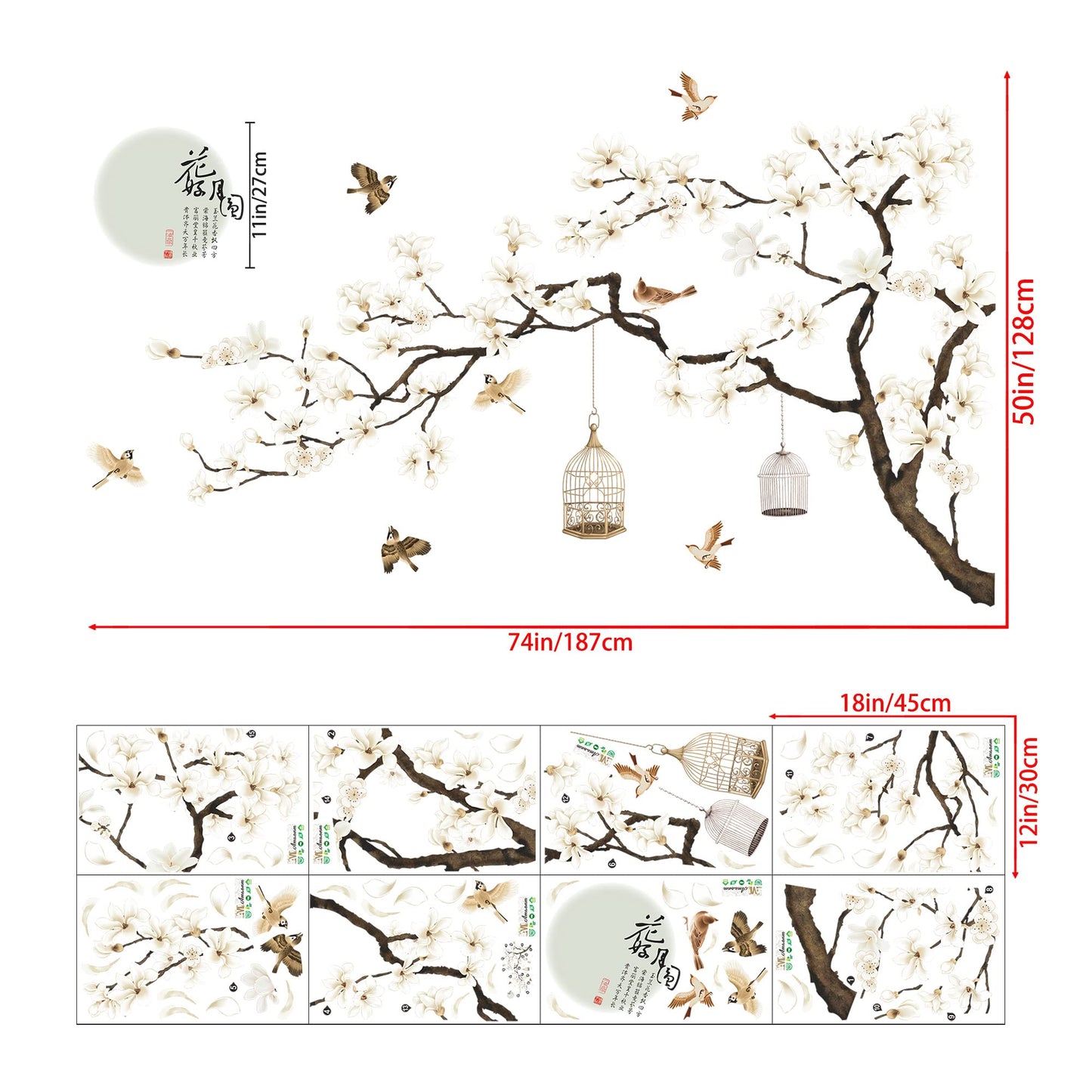 Chinese Style White Flowers Black Tree and Flying Birds Wall Stickers Removable DIY Wall Art Decor Decals Murals for Offices Home Walls Bedroom Study Room Wall Decaoration, 50inchx74inch