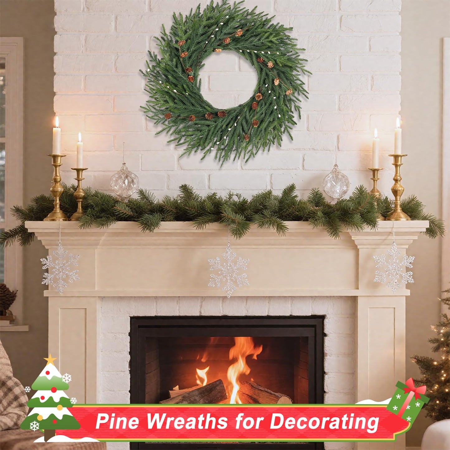 Artgar 26 Inch Pine Wreath - Christmas Wreaths for Front Door - Real Touch Pine Wreath with Pinecones Berries - Large Artificial Green Wreaths for Home Wall Window Porch Farmhouse Outdoor Xmas Decor