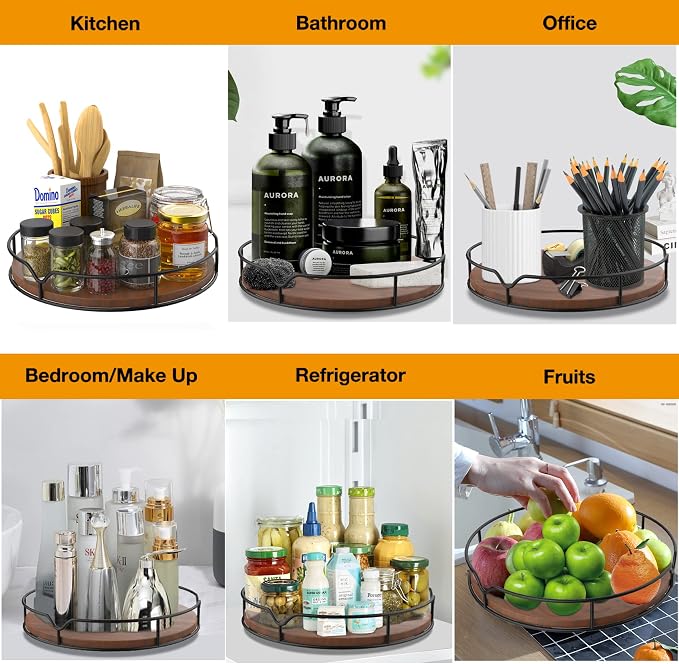 Lazy Susan Turntable Organizer with Anti-Slip Mat for Cabinet Pantry Kitchen Countertop Refrigerator Office, Pine Wood, 10", Brown
