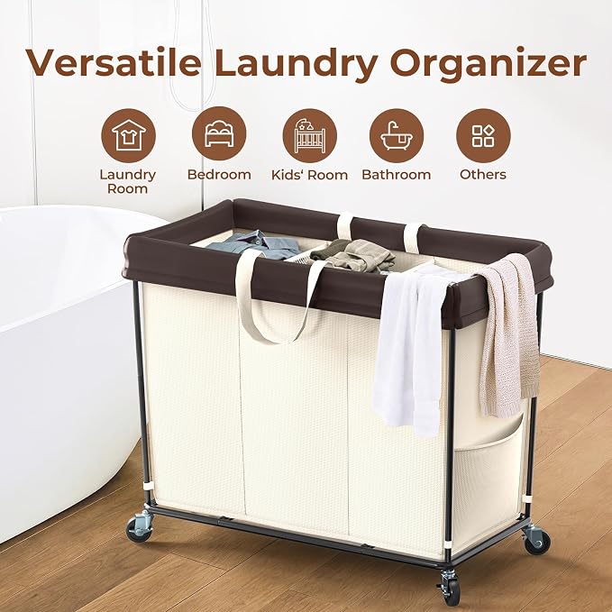 Mefirt 320L Laundry Hamper with Wheels, 3 Section Large Rolling Laundry Basket Bag with Wheels, Clothes Hamper Cart for Laundry, Bedroom, Bathroom and Dorm