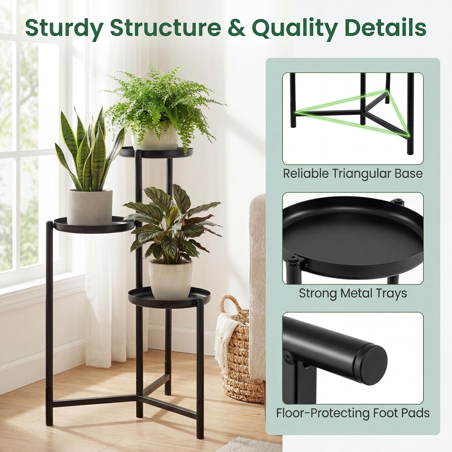 COSTWAY 3 Tier Corner Plant Stand, 26 Inch Metal Plant Shelf Flower Pot Stand, Heavy Duty Plant Holder for Outdoor Indoor Living Room Balcony