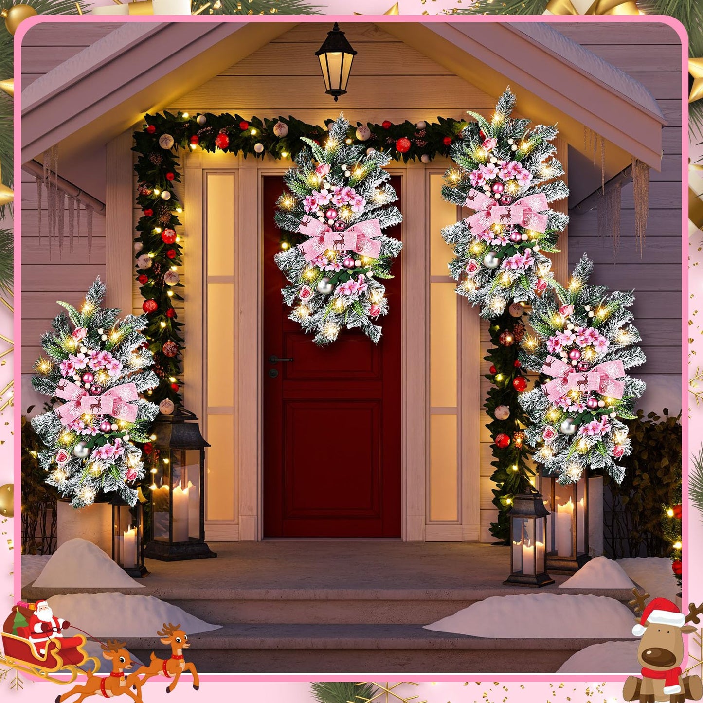 Lyrow 4 Pcs Cordless Prelit Christmas Artificial Swags 24" Xmas Stairway Swag Teardrop Trim with Timer Christmas Staircase Decoration Battery Operated Garland for Indoor Outdoor Railing Decor, Pink