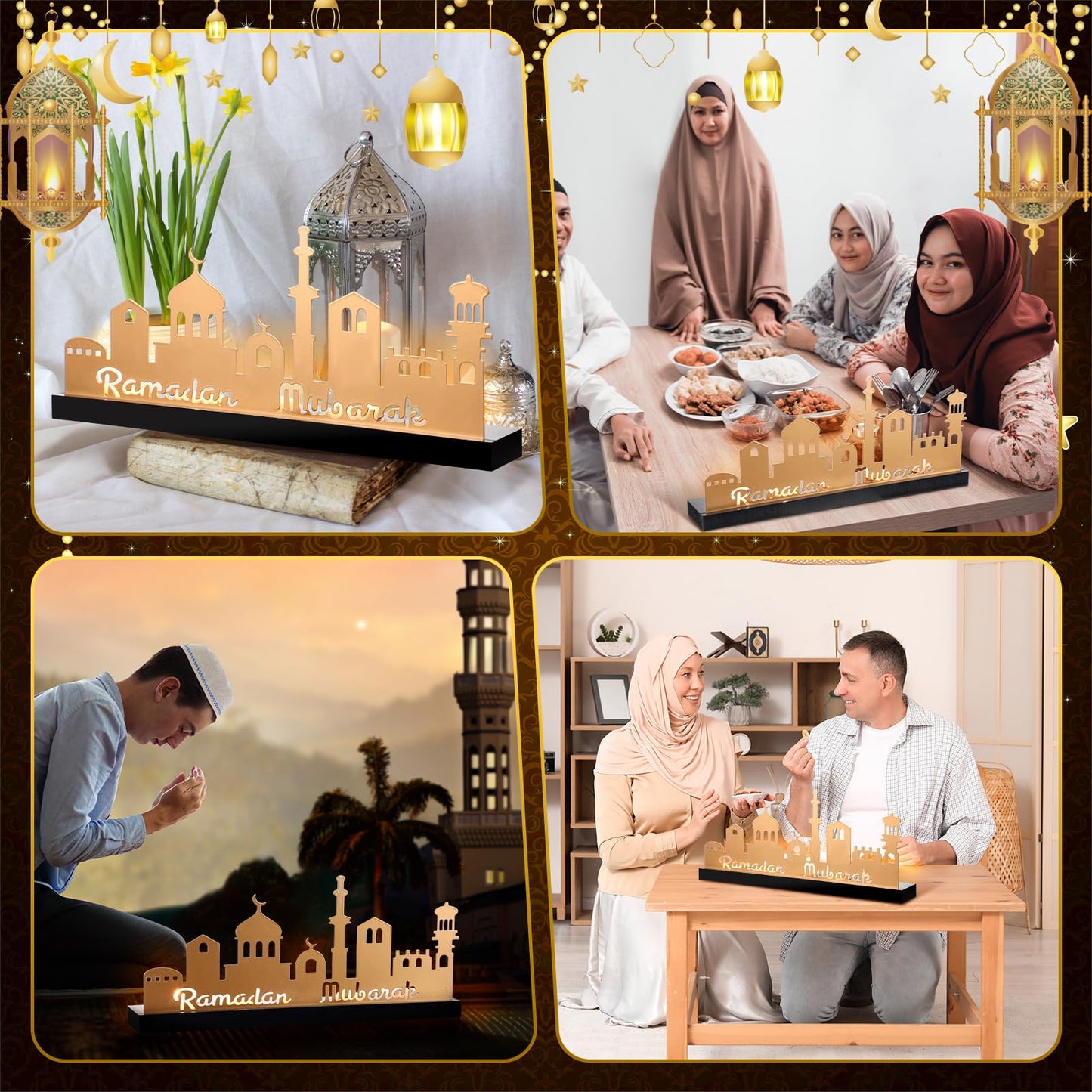 MorningRo Ramadan Mubarak Decorations Islamic Candle Holder with 5 Tea Candles Eid Mubarak Metal Sign with Wood Base Ramadan Kareem Table Centerpieces Eid Al Fitr Muslim Party Gifts