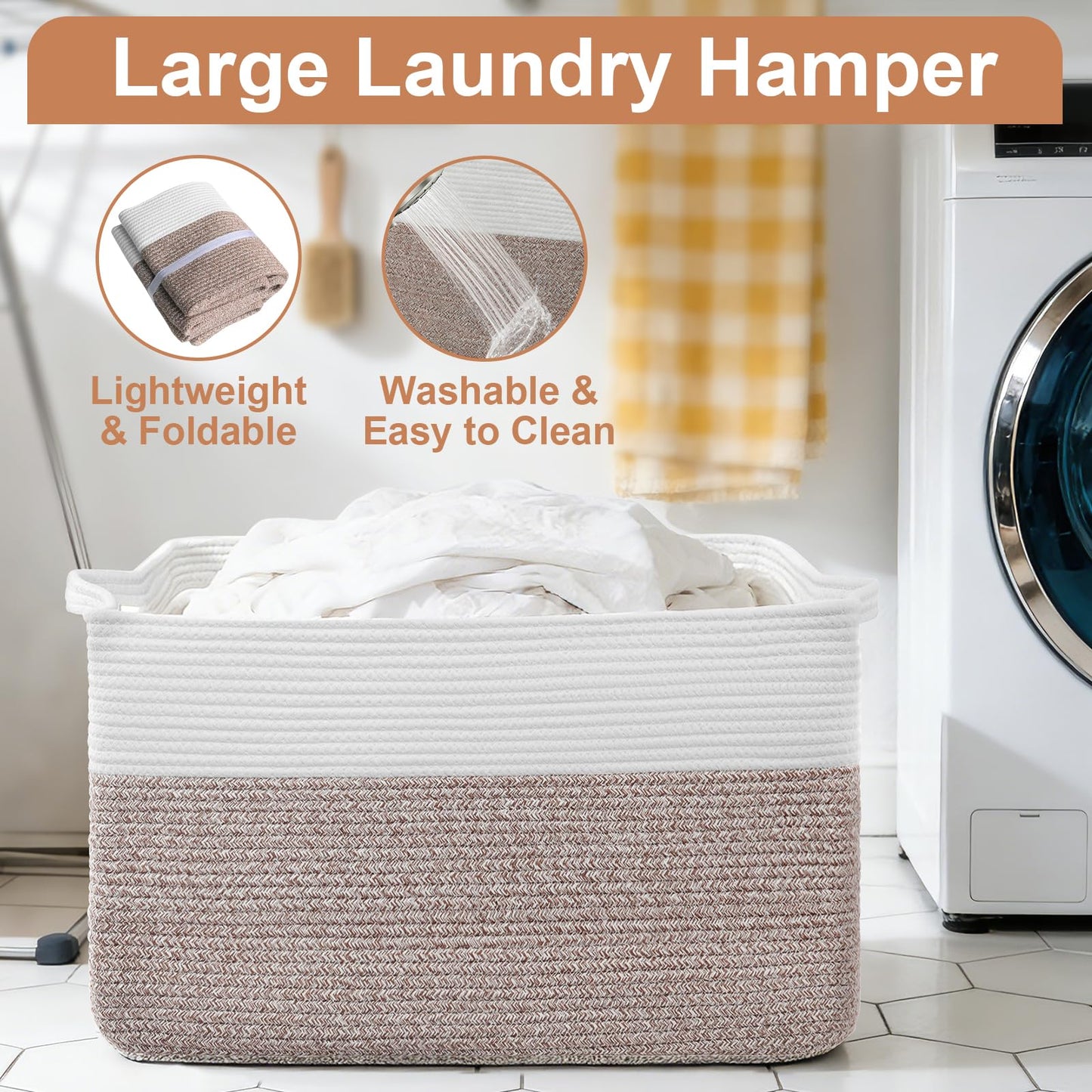 75L Extra Large Blanket Basket for Living Room - Cotton Rope Laundry Hamper Woven Baskets XXL Storage Bin with Handles for Dirty Clothes, Kids, Pets, Toys, Bedroom, 22" x 17" x 12", White & Brown