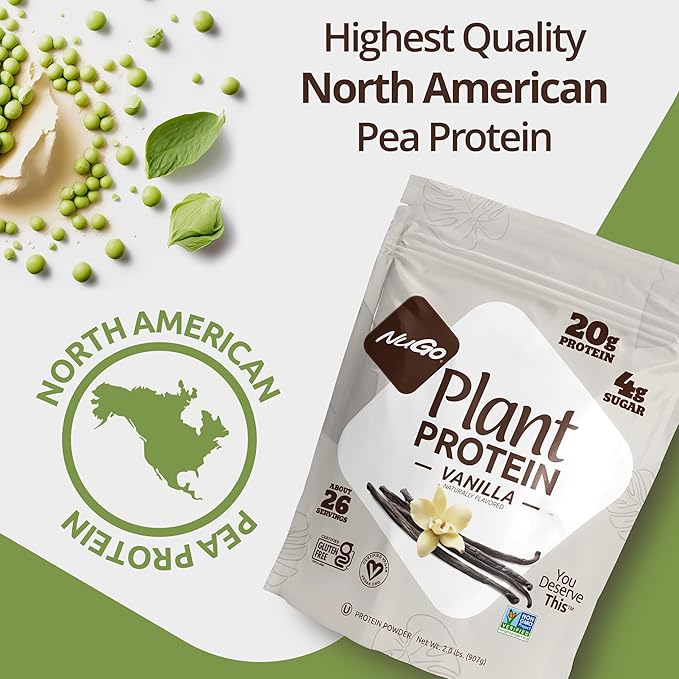 NuGo Plant Protein Powder, Vanilla, 20g Vegan Pea Protein, Low Sugar, Gluten Free, Dairy Free Ingredients, Soy Free, Non-GMO, Plant Based, Kosher, For Smoothies & Shakes, 26 Servings