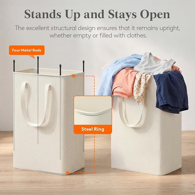 Lifewit Slim Laundry Hamper, Narrow Small Laundry Basket with Handle for Dirty Clothes, Collapsible Tall Thin Laundry Bin for Bathroom Bedroom Dorm College, 50L, White