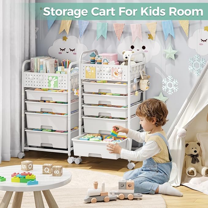 4 Drawer Rolling Storage Cart with Pegboard Top and Hooks, Mobile Organizer Cart with Wheels for Office Supplies, Craft Storage, Classroom Organization, Home Utility Cart, Green