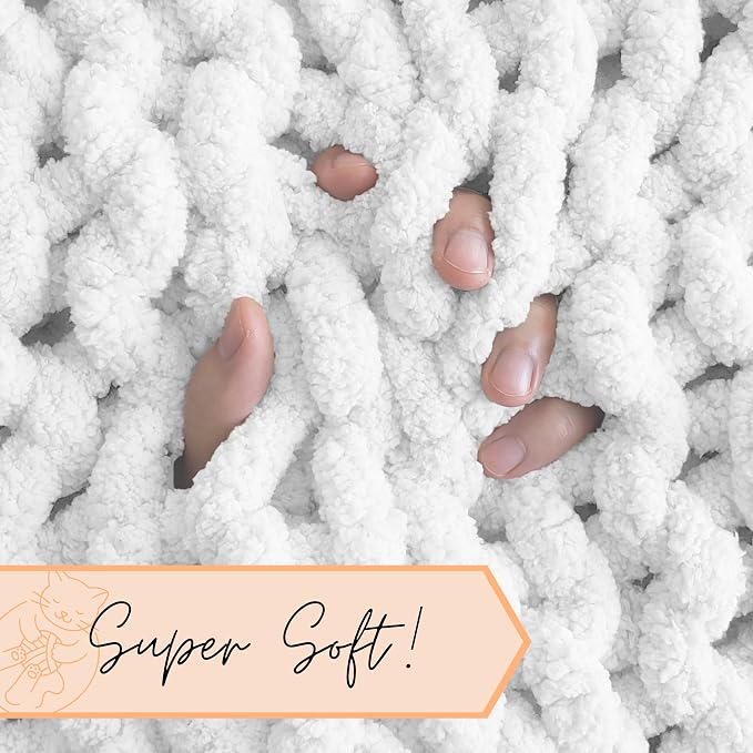 Adyrescia Chunky Knit Blanket Throw | 100% Hand Knit with Jumbo Chenille Yarn (50"x60", Bright White)